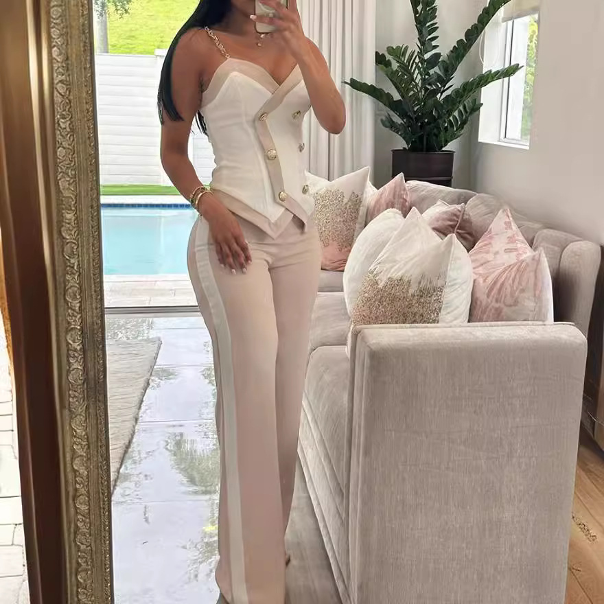 Lace Trim Cami - المرأة الجانب مخطط بدلة عمل مجموعة