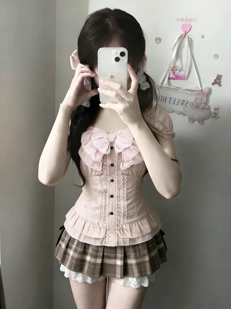 Lace Trim Cami - طقم ياباني حلو من ثلاث قطع